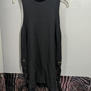 Michael Kors Black Ribbed Sleeveless Tunic with Lace-Up Gold Eyelets